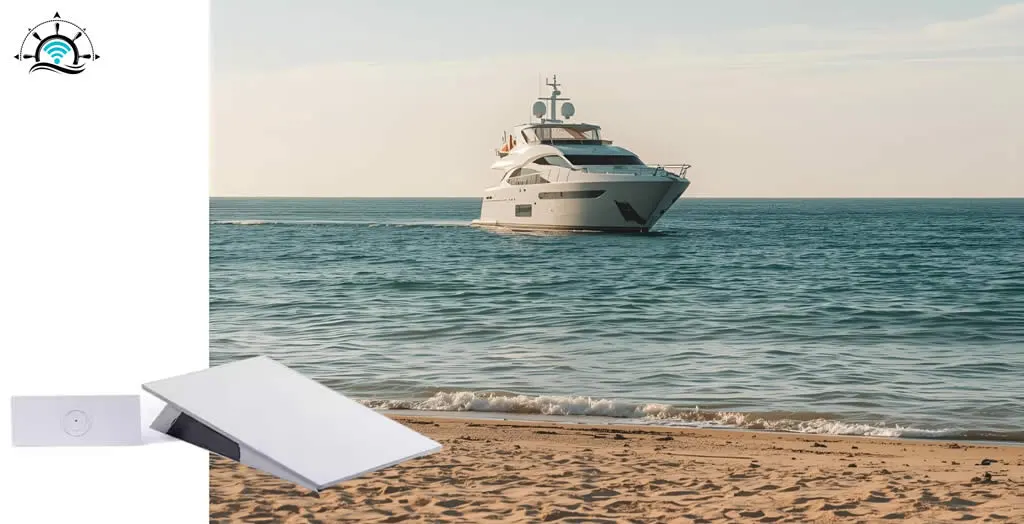 Illustration of a yacht using combined Starlink and 5G signals via a bonding router (ensuring uninterrupted connectivity)