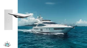 Open ocean with a yacht and Starlink satellites overhead (Marine Data Solutions enabling Starlink maritime internet)
