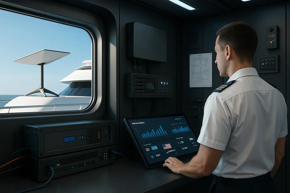 MDS Blender device installed on a yacht for seamless Starlink streaming