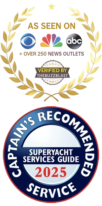 Badges for media recognition: ‘As Seen On CBS/NBC/ABC’ and ‘Superyacht Services Guide Captain’s Recommended Service 2025'