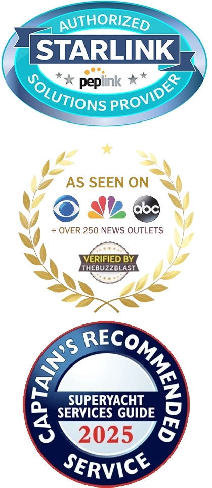Badges for media recognition: ‘As Seen On CBS/NBC/ABC’ and ‘Superyacht Services Guide Captain’s Recommended Service 2025'