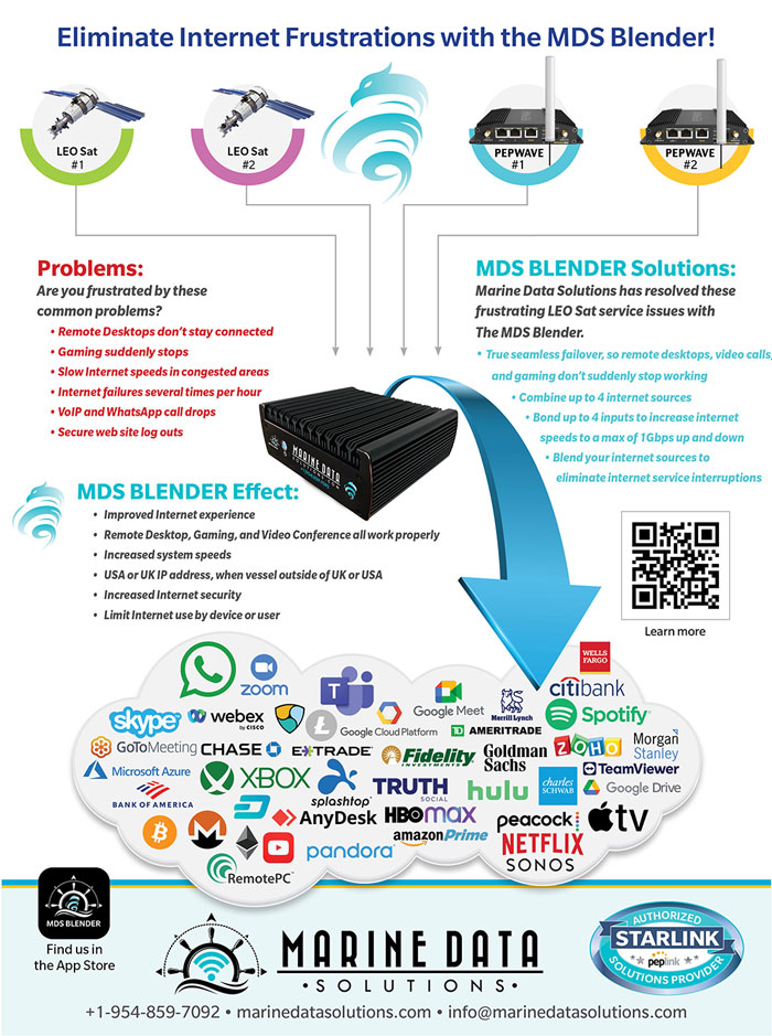 MDS Blender marine network router bonding Starlink and 5G internet sources for yachts