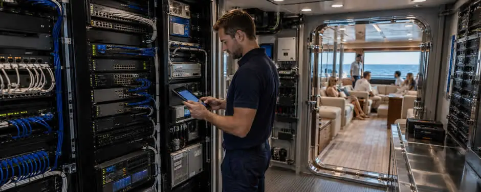 Enterprise marine network rack installed aboard a 120-foot motor yacht Internet