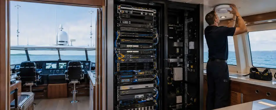 Crew using a professionally installed yacht WiFi network with enterprise rack equipment