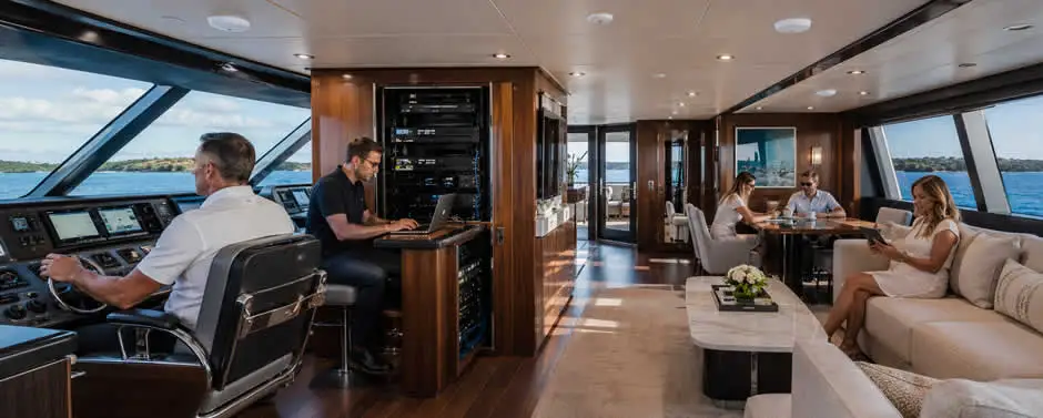 Professional yacht WiFi installation with Starlink, network rack, and marine routing systems