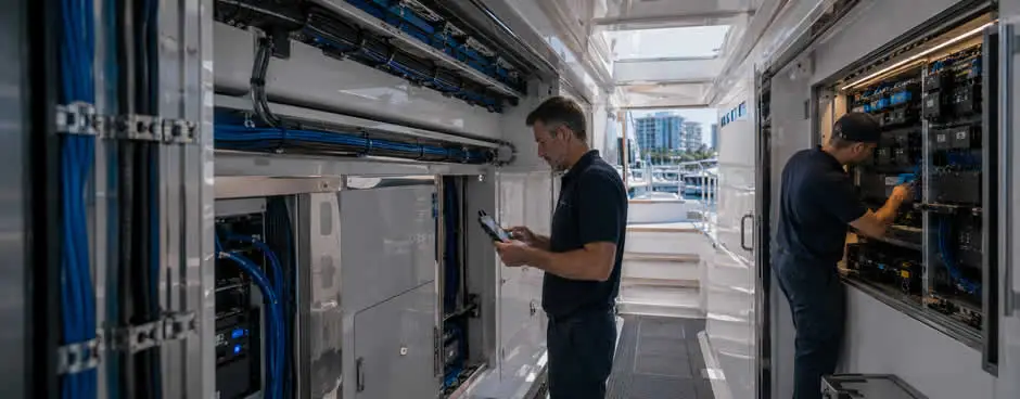 Professional yacht network installation with organized cable management