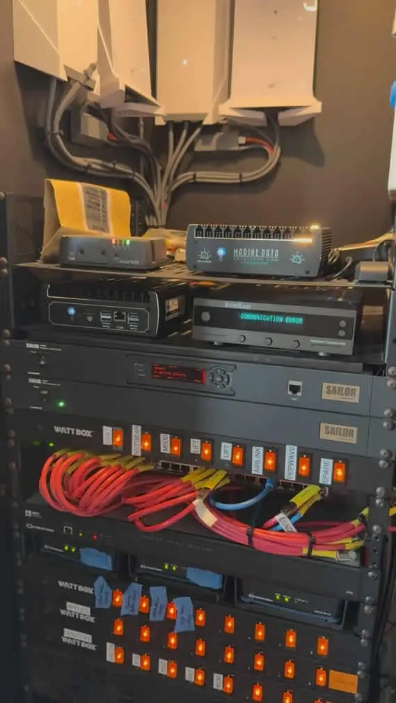 Yacht network rack with bonding router, MDS Blender, and labeled switches